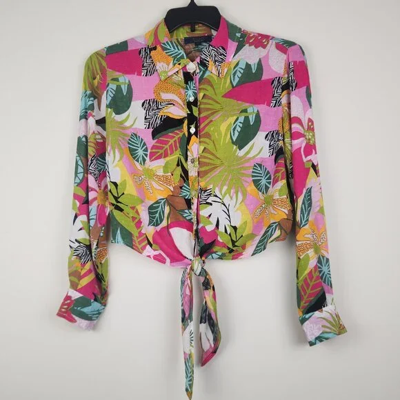 Rachel Roy Size S Colorful Floral Tropical Print Tie Hem Long Sleeve Top Blouse - Picture 2 of 10